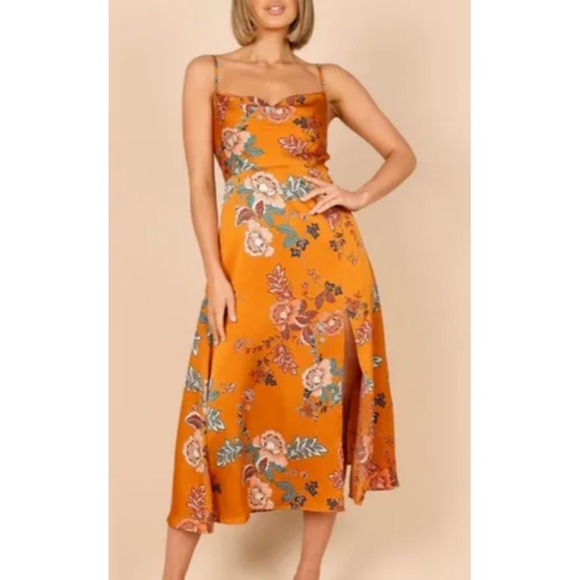 Cantonwalker Women Satin Slip Dress XS Cowl Neck Orange Floral Slit Sexy 90s Y2K - Picture 3 of 16